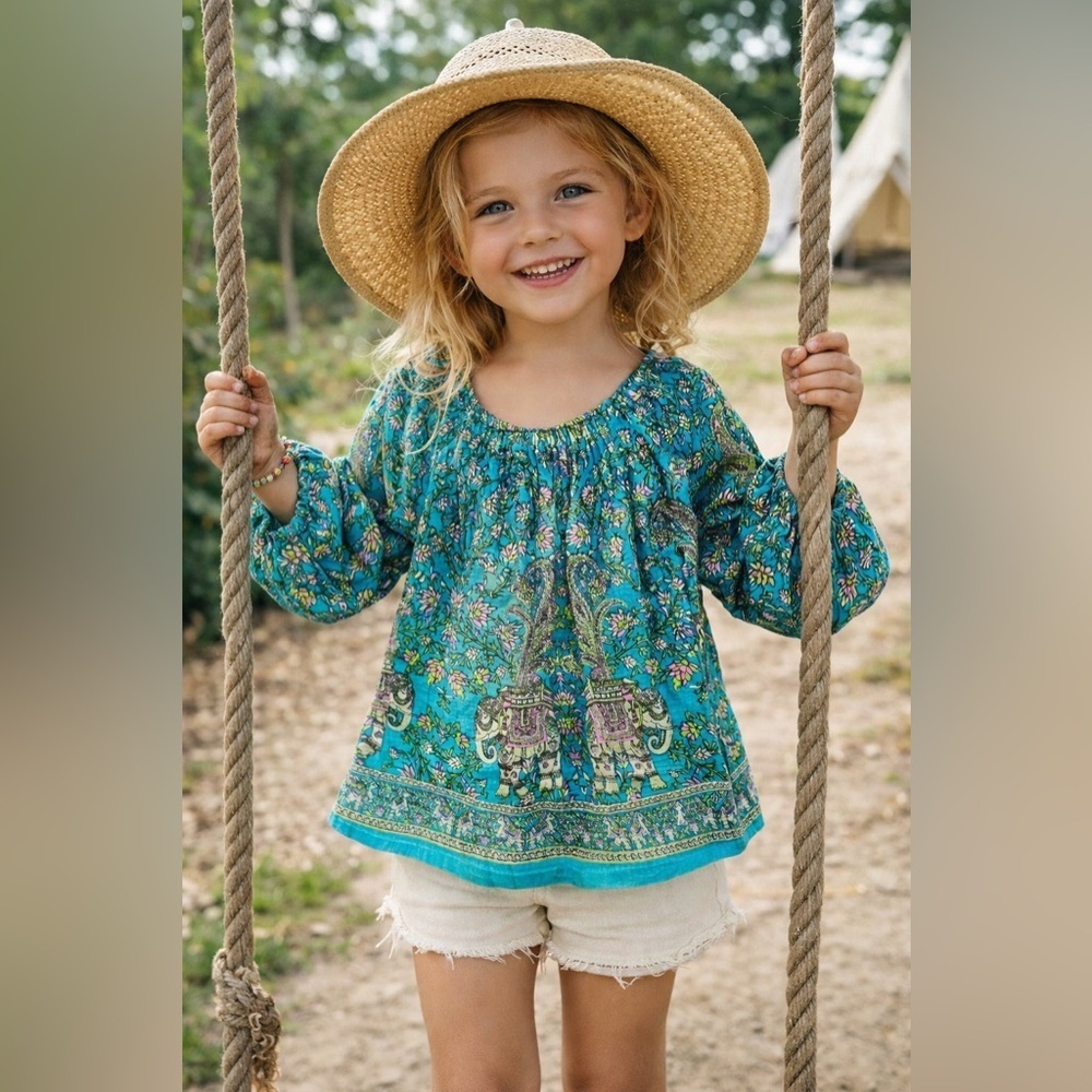PEEK Girls Peasant Top Sz Large 8 Teal Blue Pink Boho Paisley Floral Elephant